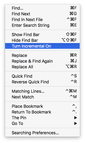 Incremental searching menu item