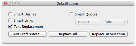 Text substitutions panel